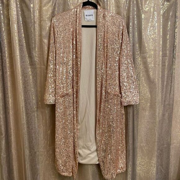 Anthropologie BB Dakota Sparkly Sequin Rose Gold Open Cardigan Duster XSP - Picture 1 of 11